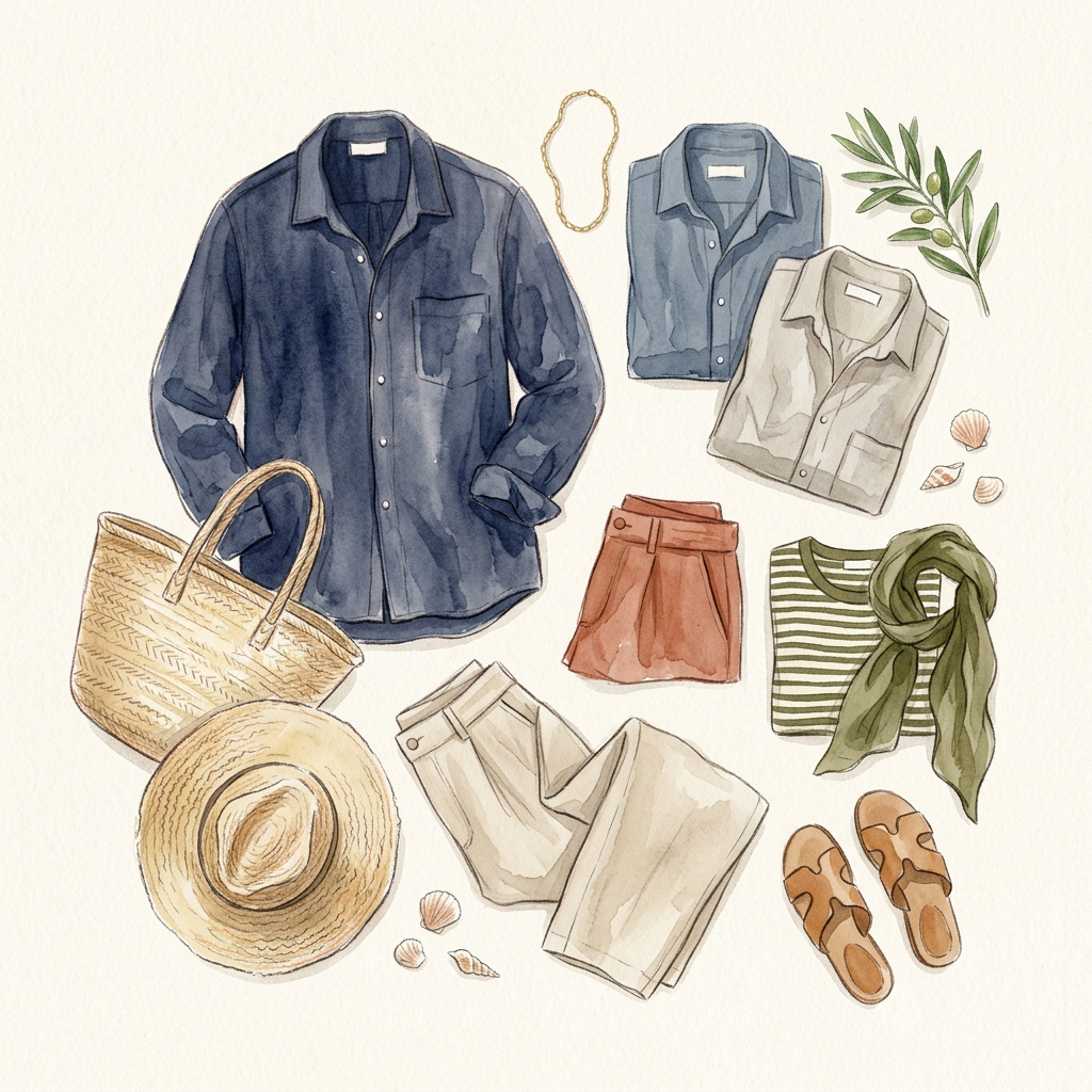 A hand-painted watercolor capsule wardrobe — linen overshirt, shirts, trousers, hat and sandals on cream paper